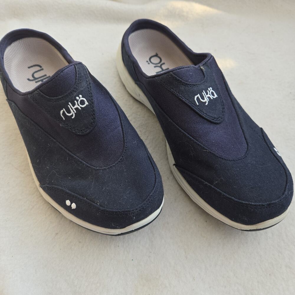 RYKA Women's 6 Comfort Mules Slides Blue & White Canvas Stretch Shoes Nvr Worn